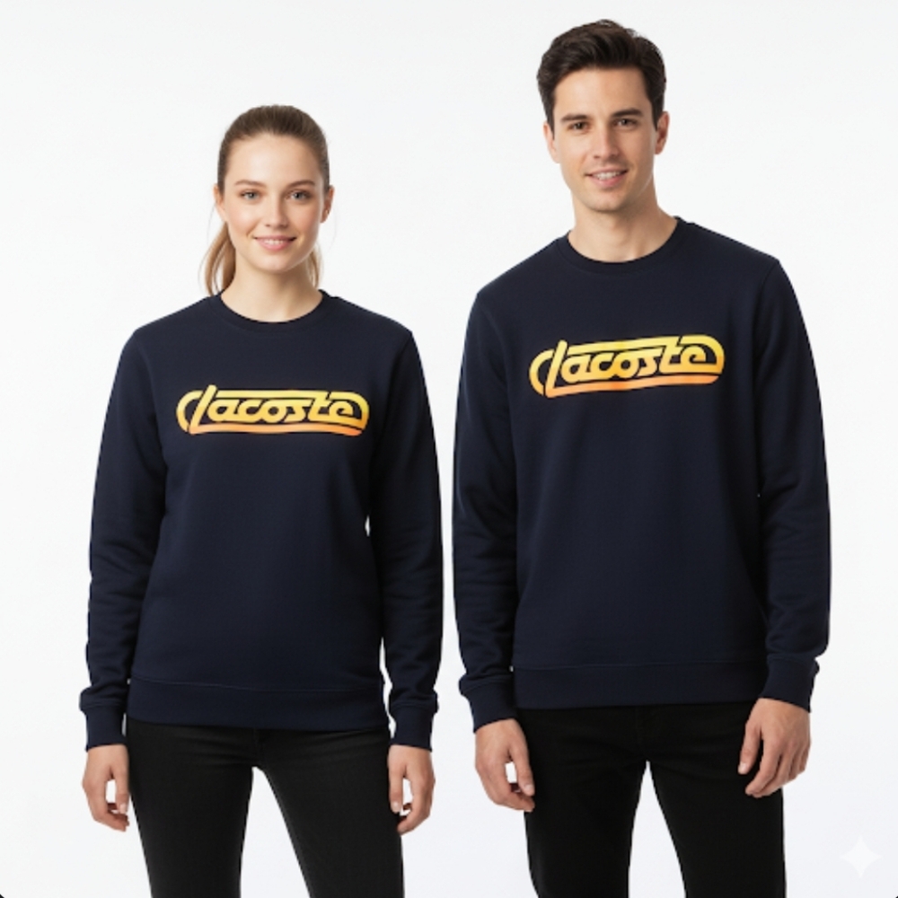 LACOSTE‎ Live Unisex Navy Cotton Crewneck Pullover Sweatshirt Yellow Graphic XL